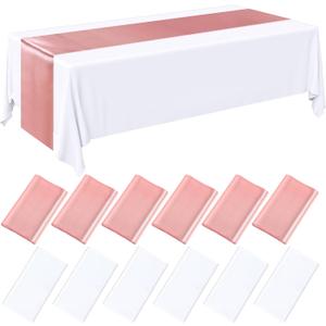 Tudomro 12 Pcs White and Rose Gold Disposable Plastic Tablecloths and Satin Table Runner Set, 54 x 108 Inch Tablecloth, 12 x 108 Inch Table Runners for Wedding Baby Shower Birthday Party