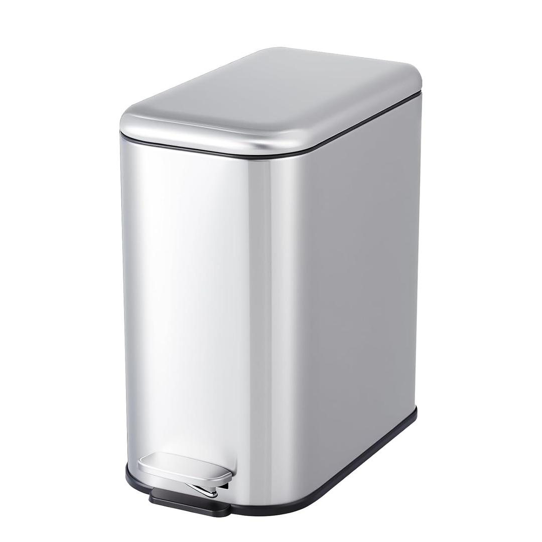 Garvee Bathroom Trash Can with Lid, 3.2 Gallon / 12 Liter Stainless Steel Garbage Can with Removable Liner Bucket, Small Step Wastebasket with Slim Design for Toilet Bedroom Office, Silver