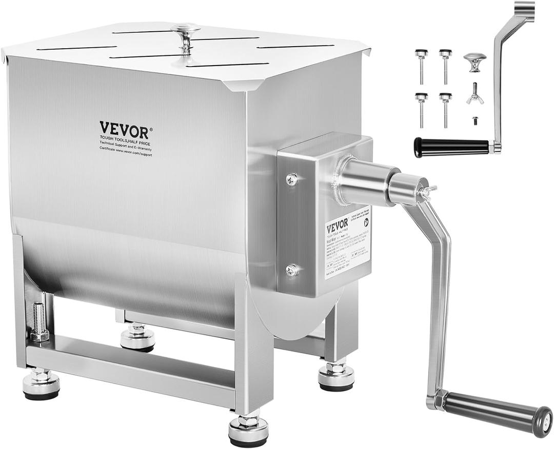 VEVOR Manual Meat Mixer, 30 Pound Capacity Tank Meat Processing Equipment, Stainless Steel Meat Mixer, Sausage Mixer Machine with Lid and Handle, Ground Beef Hand Mixer, Silver