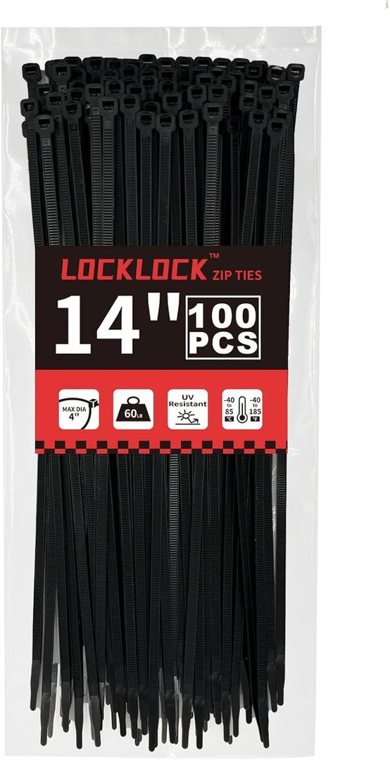 Zip Ties 14 inch(100 Pack), 60 lb, Black Heavy Duty Wire Ties, UV Resistant Cable Ties for Indoor and Outdoor Use, LOCKLOCK