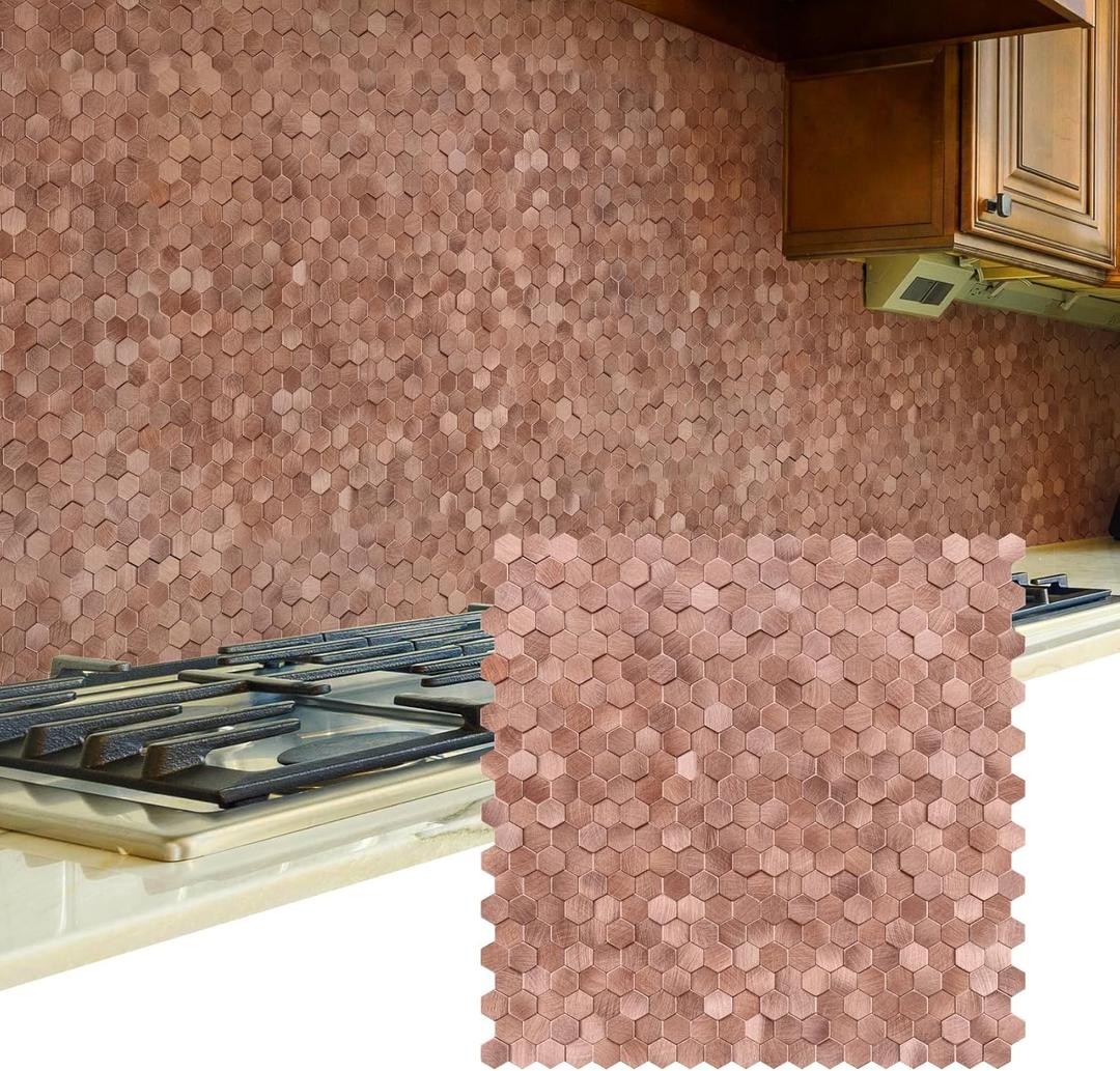 STICKGOO Peel and Stick Backsplash Tiles, Stick on Mosaic Self Adhesive Tiles, 3D Hexagon Backsplash for Kitchen Bathroom Fireplace Vanity (8PCS, Rose Gold)