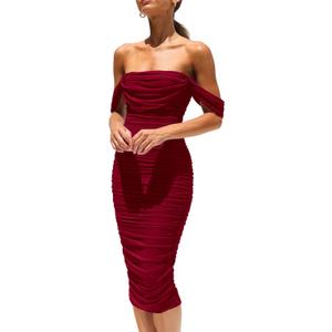 PRETTYGARDEN Summer Off The Shoulder Ruched Bodycon Dresses Sleeveless Sexy Party Club Midi Dress (Medium, Wine Red)