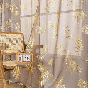 Sutuo Home Taupe Sheer Curtains 96 Inches Long 2 Panels Set, Gold Foil Print Metallic Bronzing Tropical Leaves, Window Treatment Decor Drape Pair for Bedroom Living Room 52" W x 96" L