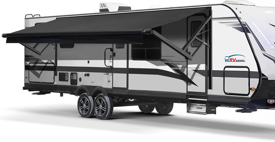 RV Awning Fabric Replacement, Patio Vinyl Outdoor Canopy for Campers, Trailers, and Motorhomes (Black Solid, 15'(Fabric 14'2"))