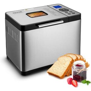 VEVOR Bread Maker, 19-in-1 2LB Dough Machine, Nonstick Ceramic Pan Automatic Breadmaker with Gluten Free Setting, Whole Wheat Bread Making, Digital, Programmable, 3 Loaf Sizes, 3 Crust Colors (Silver)