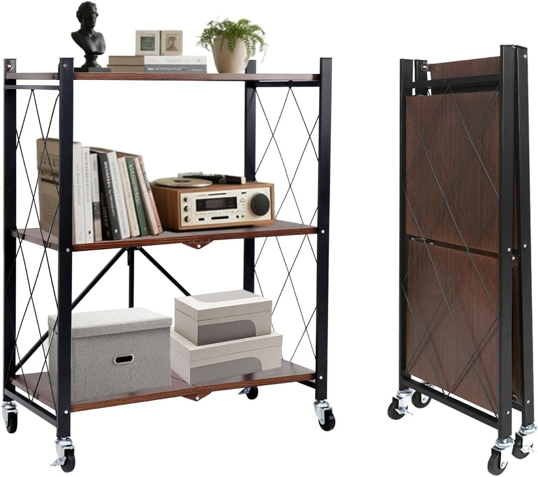 BAOYOUNI 3-Tier Vintage Industrial Bookshelf - No Assembly Folding Storage Shelf with Woodgrain Finish | Collapsible Metal Bookcase for Living Room, Office & Bedroom (Dark Brown)