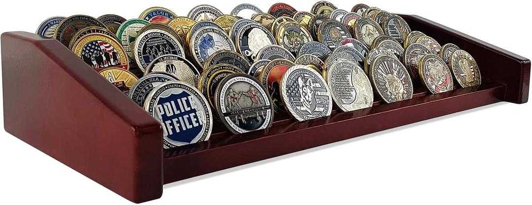 8 Rows Military Challenge Coin Display Stand - Holds 60-70 Coins, Solid Wood Army Police Coin Rack Display Holder for Desktop, Mahogany