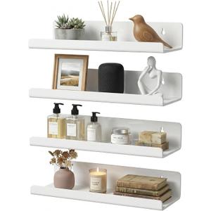 Acrylic Floating Shelves, Adhesive Wall Mount Command Shelves for Bathroom, Kitchen, Dorm - Renter-Friendly Easy Install Wall Shelves for Home Decor and Organization (Glossy White-4 Pack)