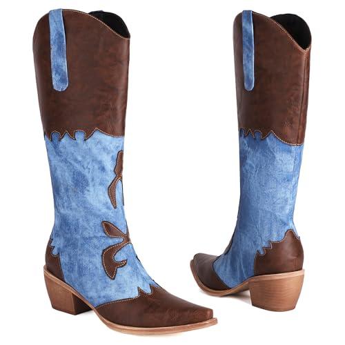 Cozivwaiy Cowgirl Boots for Women Denim Cowboy Boots Pull on Knee High Jean Boots Western Brown Boot Mid Calf Jean Blue Boot Pointed Toe Chunky Heel Size 8