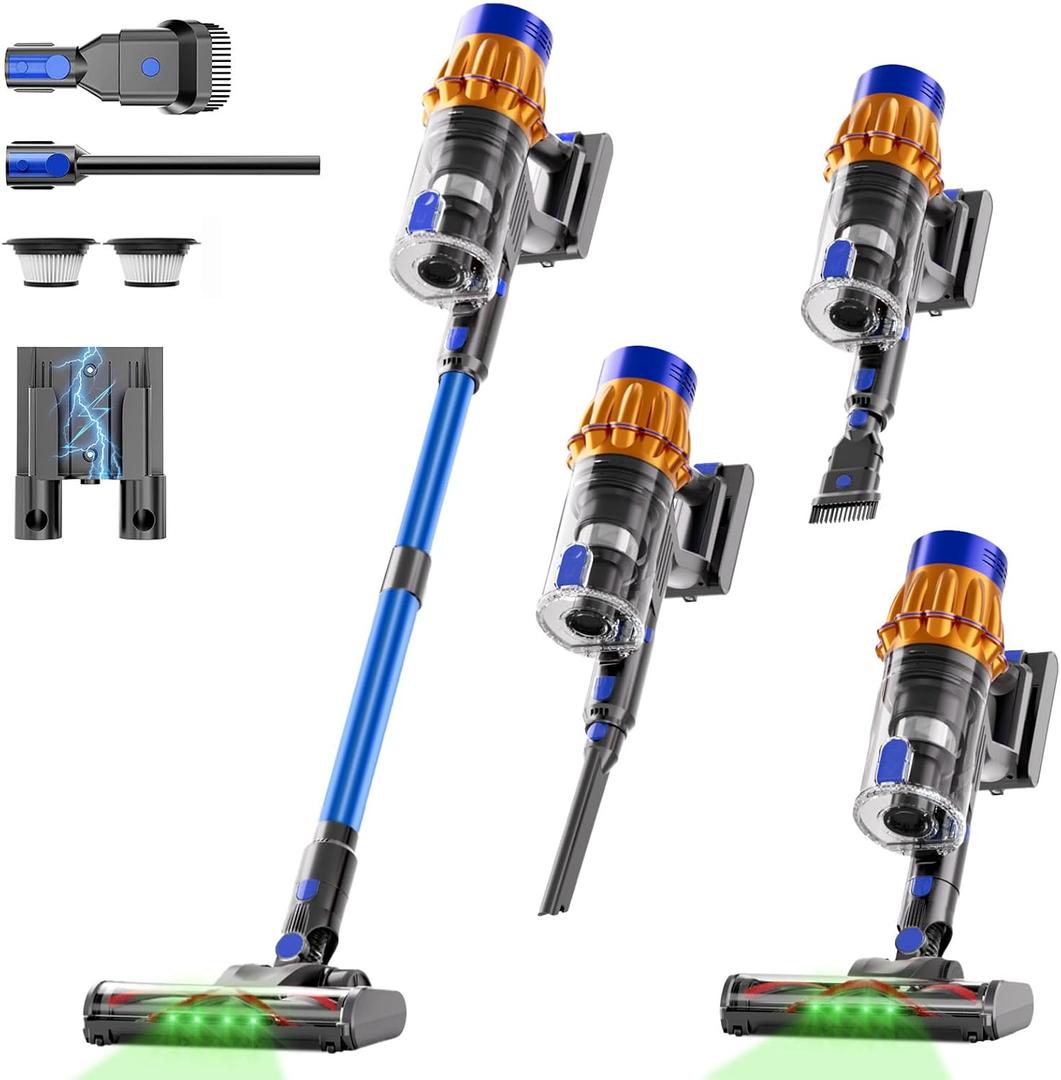 Cordless Vacuum Cleaner, 650W 48KPA 60Min Wireless Vacuum for HomeStick Vacuum with Green Light Anti-Tangle, Rechargeable Vacuum Cleaners for Pet Hair Carpet Hard Floors (Blue)