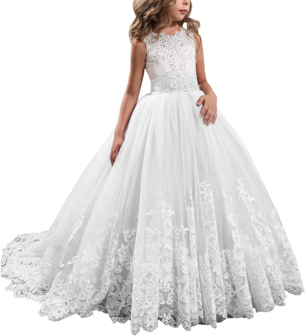 Princess Lilac Long Girls Pageant Dresses Kids Prom Puffy Tulle Ball Gown, Size 6 (White)