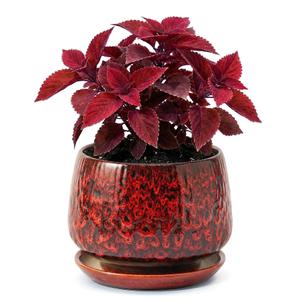 SAFIOROIS 10.3 Inch Ceramic Planter with Saucer,Modern Garden Pots with Drainage Hole Mesh Net, for Indoor Outdoor Use (Speckle Red)