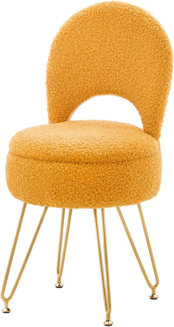 Storage Ottoman Vanity Stool Chair with Folding Back Teddy Velvet Makeup Chair Multifunctional Upholstered Footstool,4 Metal Legs with Anti-Slip Feet for Bedroom Living Room Entryway (Yellow)