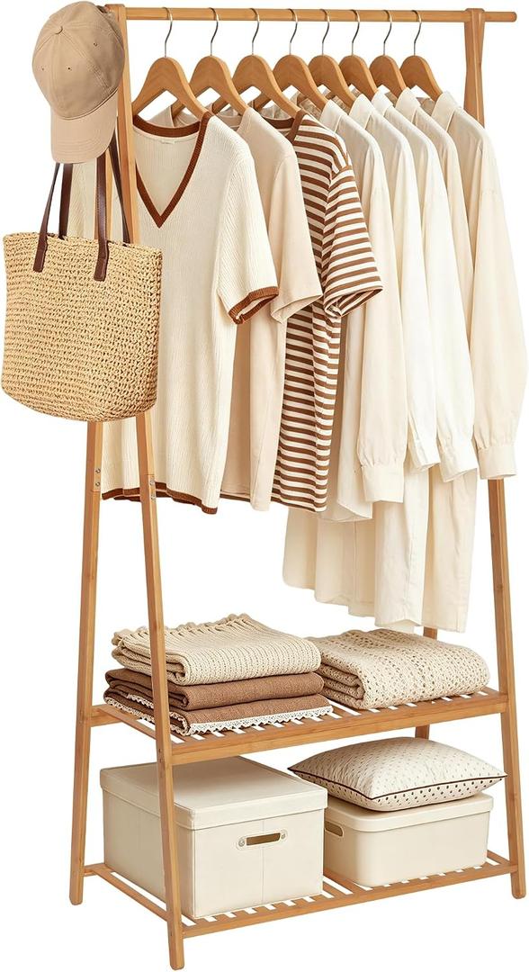 Bamboo Clothing Rack with Shelves, Wood Garment Rack for Hanging Clothes