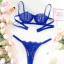 Lilosy Sexy Eyelash Underwire Floral Lace Sheer O Ring Linked Cutout Lingerie Set 2 Piece (Blue, L)
