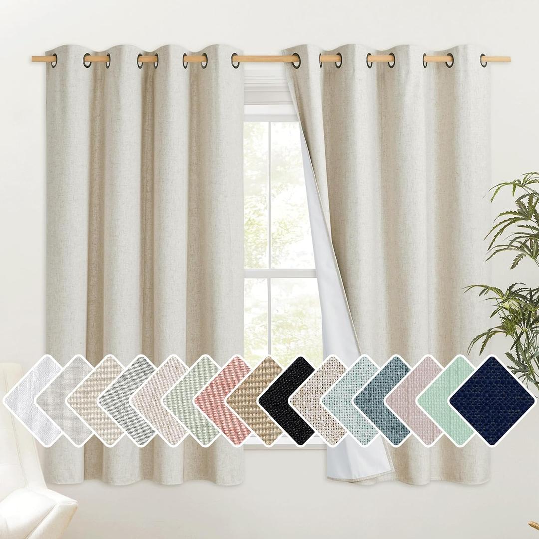 NICETOWN Natural Linen Complete Blackout Cold Reducing Curtains 48 inches for Kids Room, 2 Panels, Thermal Insulated & Noise Reducing Window Draperies with White Liner, Noise Reducing Short Drapes