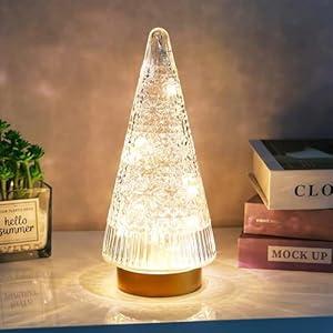 Glass Christmas Tree Light with Timer, Battery Operated Lit Clear Xmas Tree Figurine, Lighted Mercury Glass Decor Cordless Cone Crystal Xmas Tree Tabletop Lamp, Light Up 
