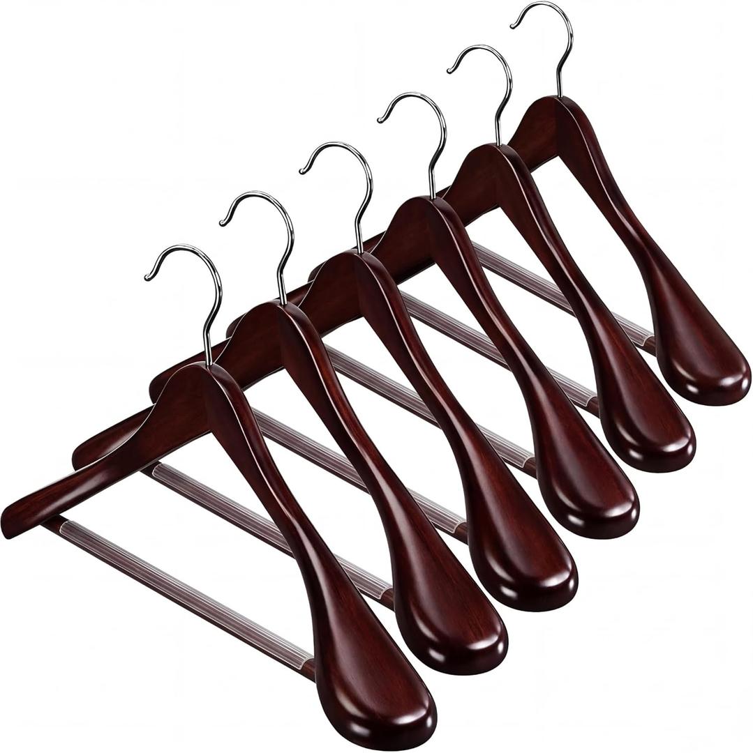 ZOBER 6 Pack High-Grade Wooden Suit Hangers for Men, Wide Shoulder Hangers with Non Slip Pants Bar, Smooth Finish, Holds Upto 20lbs, 360 Swivel Hook, Jacket Hanger, Heavy Duty Wide Hanger for Closet