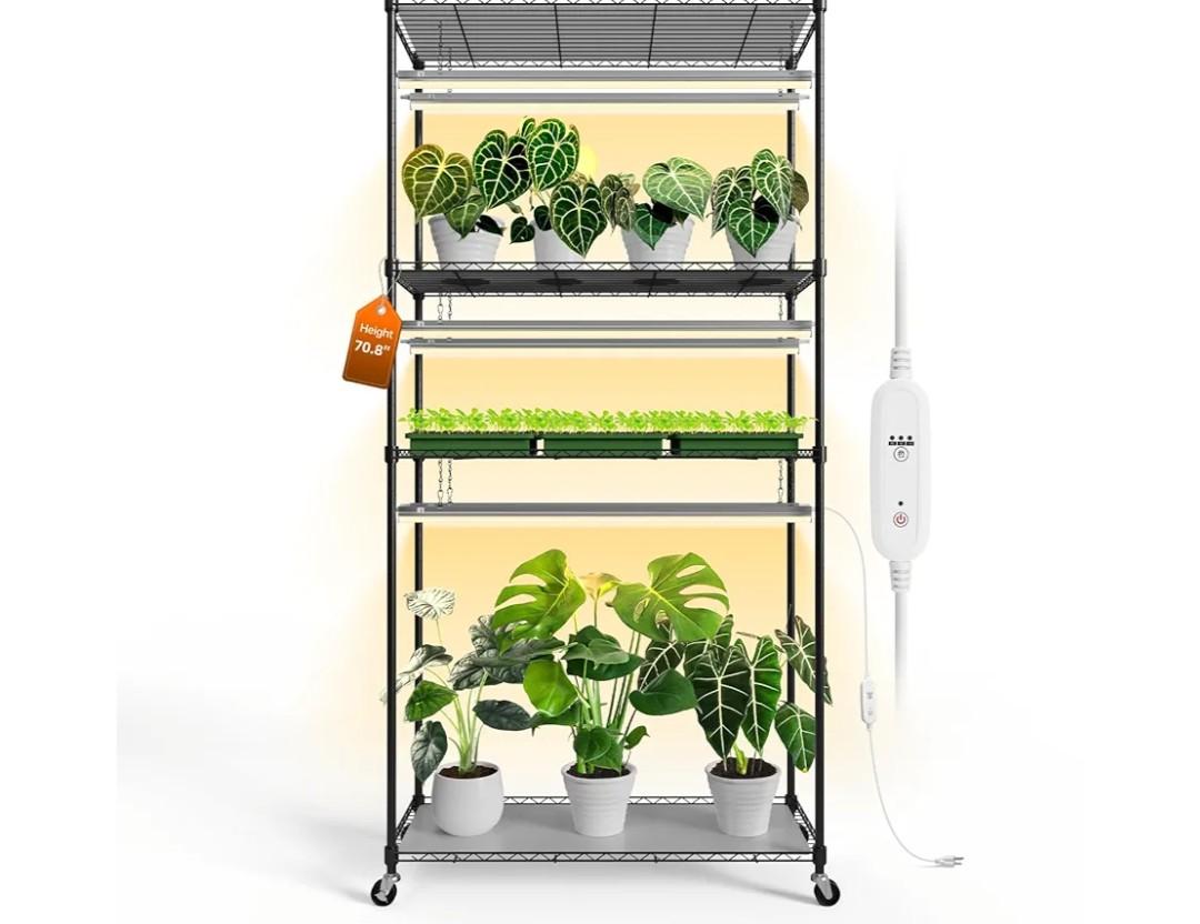 Bstrip Plant Shelf with Grow Light with Timer, Tall Plant Stand with Adjustable Rack and Wheels, 6 Pack T5 3FT Full Spectrum Grow Lights for Indoor Plants, Seed Starting, Seed Tray, 35.4"x13.8"x70.8