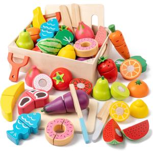 KDSFT Wooden Play Food for Toddlers  34Pcs Velcro Fruit and Veggies with Basket & Chopping Board, Play Food Sets for Kids Kitchen Accessories, Cutting Fruit Set for Ages 3+