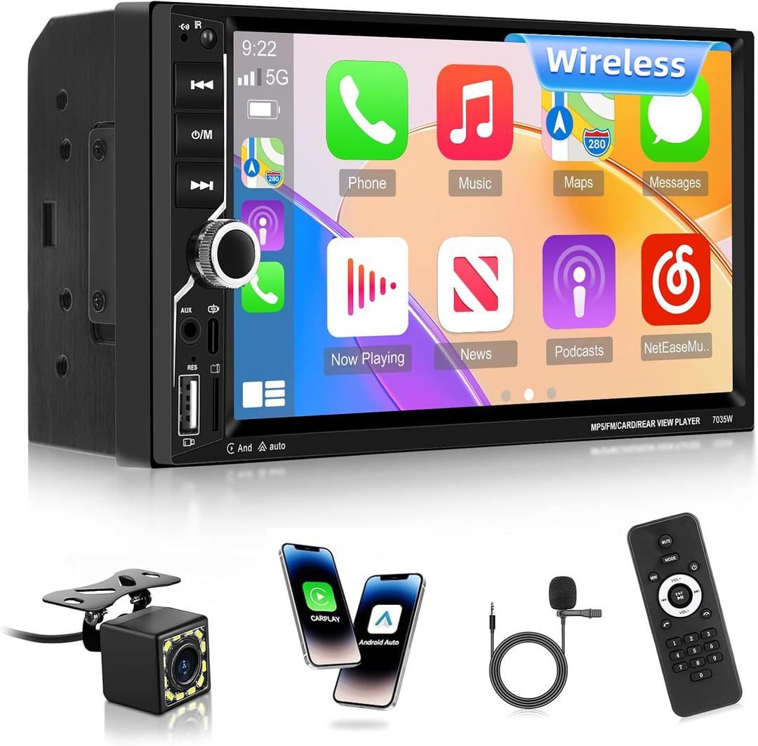 NHOPEEW Double Din Car Stereo with Wireless Carplay and Android Auto - 7 Inch Touch Screen Car Radio - EQ Audio/Mirror Link/Bluetooth/FM Radio/SWC + Backup Camera + Microphone