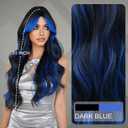 7JHH WIGS 31in Natural Black Blue Highlight Long Wavy Wigs with Curtain Bangs Natural Heat Resistant Synthetic Fiber Midlle Part Women Curly Ombre Wigs for Chrismas Party Daily Used