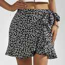 YHYJMY Summer Skirts for Women High Waist Side Tie Wrap Skirt Boho Drawstring Flowy Floral Mini Skorts for Holiday (Black, L)