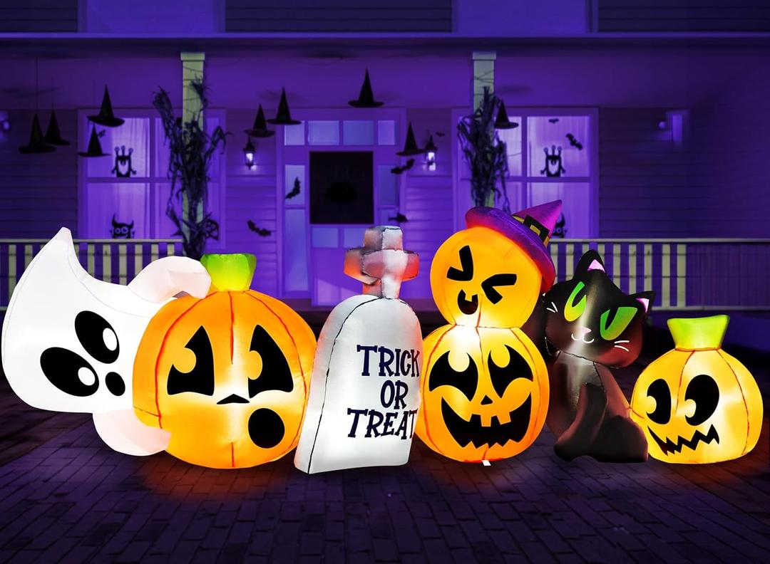 Joiedomi 8 FT Long Halloween Inflatables Outdoor Decoration, Halloween Blow Up Decorations Outside Inflatable Pumpkin Ghost Cat Tombstone with LEDs for Yard Decor