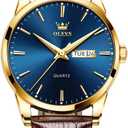 OLEVS Amazon Watches,Brown Leather Watch for Men,Men Day Date Watch,Men's Luminous Watch,Dress Watch for Men,Rose Gold Watch for Men,Men's Fashion Quartz Watch,Waterproof Brown Man Watches (brown leater blue dial)