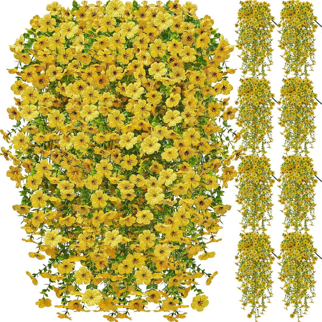 Artificial Hanging Flowers for Outdoors Spring Summer Decoration, 8PCS UV Resistant Silk Fake Hanging Plants for Patio Porch Front Yard Window Garden Indoor Decor(Yellow,8PCS)