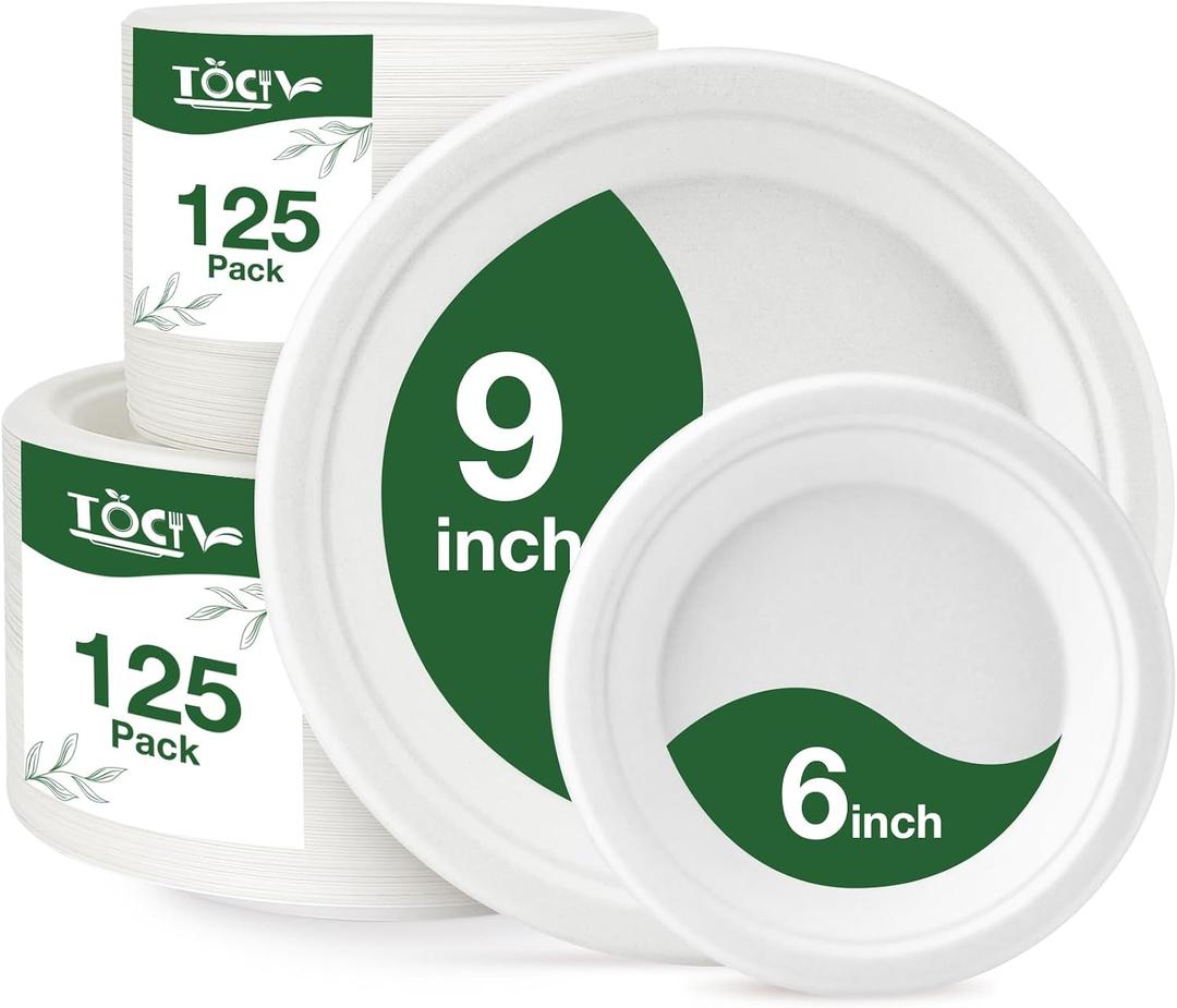 Compostable Paper Plates 250 Count 9in & 6in Disposable Dinner Dessert Salad Plates Heavy Duty Party Supplies for Birthday Holiday White