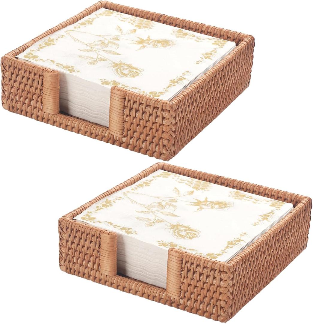 2 Pack Rattan Napkin Holder Square, Napkin Holders for Paper Napkins, 7.5" x 7.5" x 2.5", Wicker Napkin Tray, Woven Guest Towel Holder for Restaurant/Kitchen/Bathroom Napkin Holder for Table