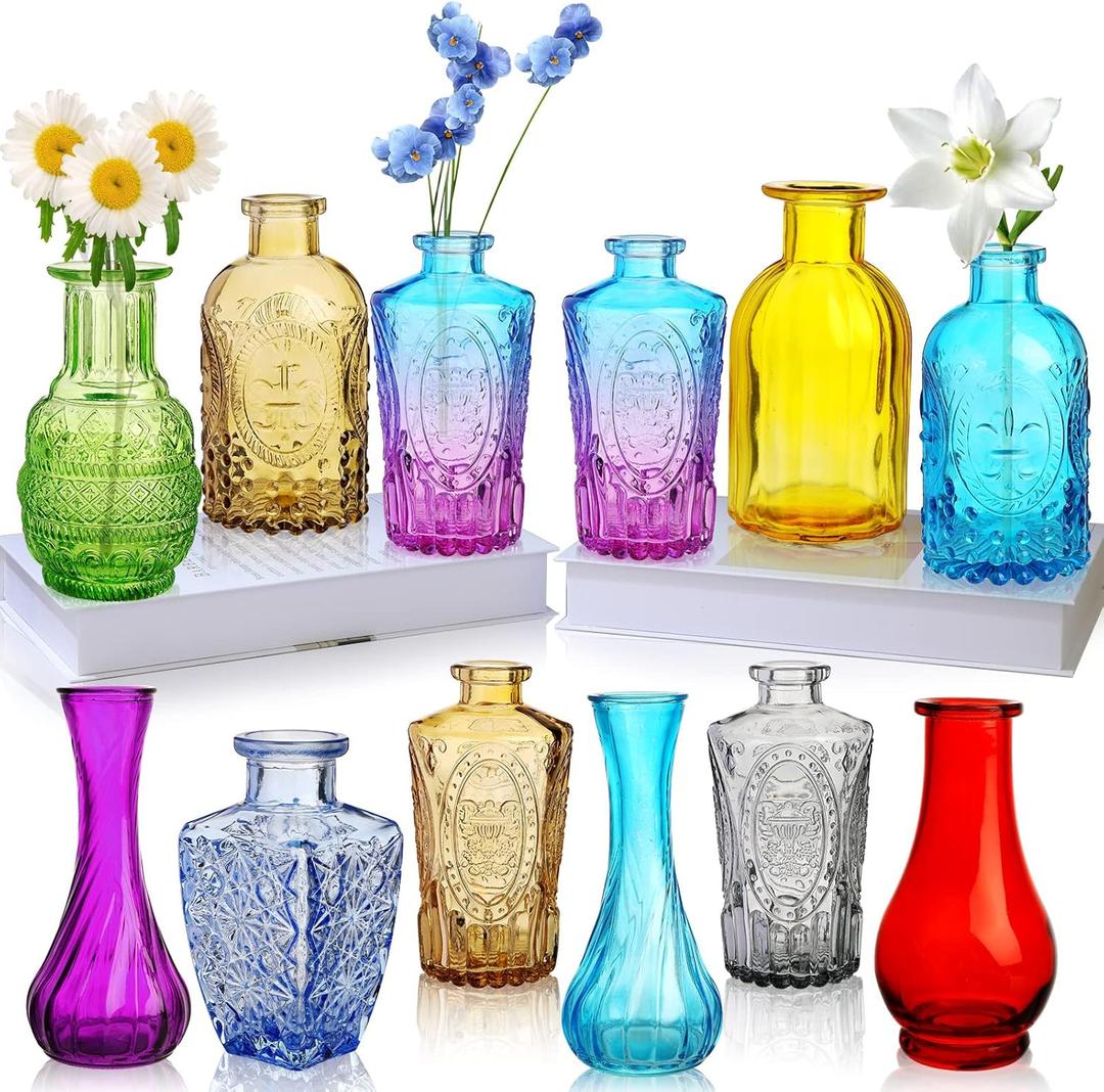 Colored Glass Bud Vase Set of 12,Small Vintage Bud Vases in Bulk,Mini Decor Vintage Vase for Centerpiece, Office, Garden, Home, Wedding Party
