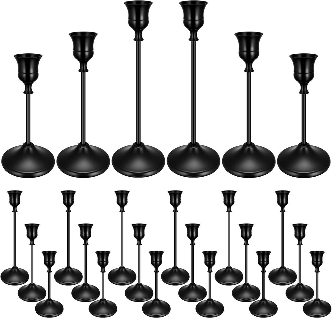 24PCS Brass Black Taper Candle Holders Set, Vintage Metal Candlestick Holders for Table Centerpiece, Wedding Reception, Festive Christmas Mantel Decoration Black