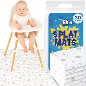 30 Pack Disposable Splat Mats by Eli with Love - Extra Large 49"x49" 100% Waterproof Baby Splat Mat for Under High Chair - Plastic Mat Liner for Floor - Protect from Spills (Moon & Stars, 30 Pack)