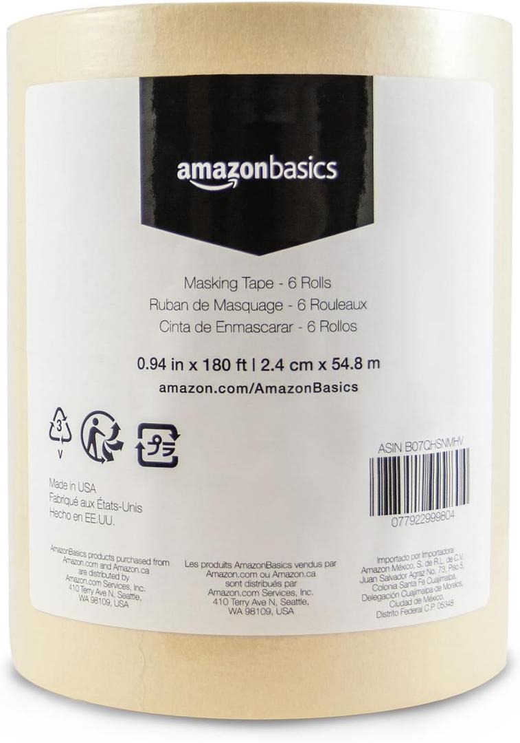 Amazon Basics Masking Tape, 0.94 inch by 180 feet, 6 Rolls, Beige