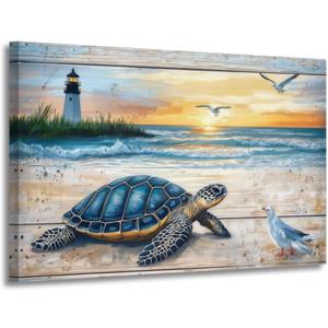 ZSHARTSWD Sea Turtle Wall Art Sunset Beach Turtle Canvas Prints Blue Ocean Lighthouse Pictures Coastal Scenery Painting for Bathroom Living Room Decor Framed (Beige, 16.00" x 24.00")