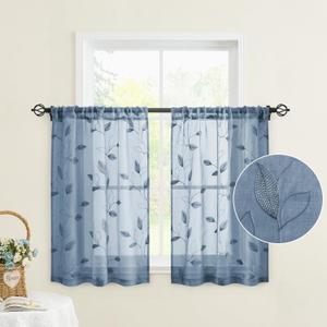 HOMEIDEAS Stone Blue Sheer Kitchen Curtains 30 X 36 Inch Length 2 Panels Embroidered Leaf Pattern Short Bathroom Window Curtains for Small Window Valance Tiers