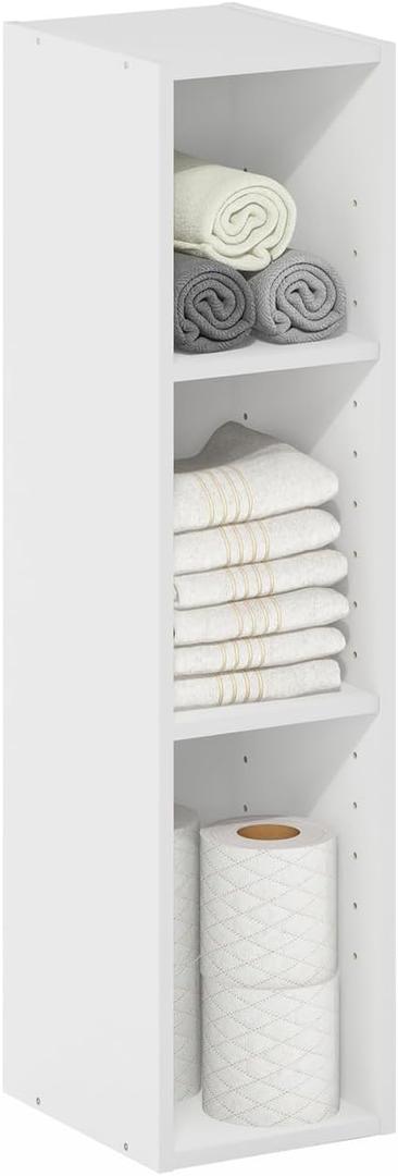 Furinno Fulda Book Shelf, 3-Tier Narrow Storage Cabinet, Bookcase with 8-in Width Storage Shelf, 9.3 x 7.9 x 31.5, for Living Room, Bedroom, Home Office, White