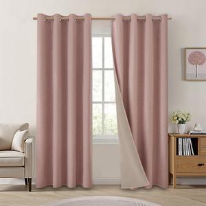 HOMEIDEAS 100% Blackout Curtains 2 Panels Blush Pink Linen Room Darkening Curtains 52 X 84 Inches Thermal Insulated Grommet Window Drapes with Liner for Nursery, Living Room, Bedroom
