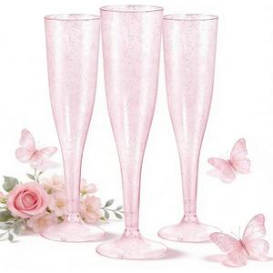 WDF 36 Pack Pink Glitter Plastic Champagne Flutes - 7OZ Disposable Pink Glasses Glitter Champagne Flutes Plastic for Party/Wedding/Spring/Mother's Day