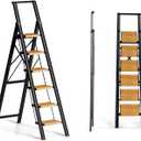 6 Step Ladder for 12 Ft High Ceiling, Folding Step Stool with Handgrip & Anti-Slip Wide Pedal, Portable Aluminum Stepladder for Kitchen, Home (300 lbs Capacity) - Black+Wood Grain