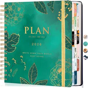 CAGIE Planner 2025-2026, 18 Months Jul 2025 - Dec 2026 Calendar Weekly Monthly Agenda, 8.3 x 9.3 Inch, Green Spiral Bound Planner, Monthly Tabs, Elastic Closure, Stickers