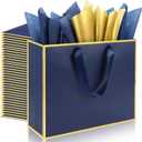 Addblu 24 Pack Large Gift Bags with Handles - Includes 36 Tissue Papers, 11.8x10x4 Inches for Thank You, Wedding, Bridesmaid, Christmas, Birthday, Party Five Senses Gifts (Navy Blue and Gold Trim, 24Pcs)