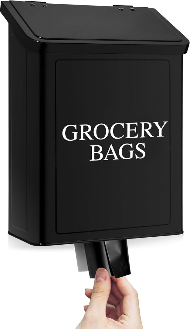Calindiana Modern Farmhouse Metal Magnetic Grocery Bags Holder for Plastic Bags with Lid and Kitchen Organizer and Storage Wall Mount Grocery Bag Dispenser Space Saving, Black