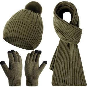 3 Pcs Winter Beanie Hat Scarf Gloves Set for Women Men, Knit Hats Pom Warm Long Scarf Touchscreen Gloves(Olive Green)