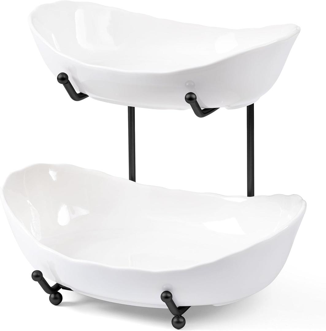 HBlife Fruit Bowl for Kitchen Counter - 2 Tier Ceramic Fruit Rack, Fruit Basket for Fresh Fruit&Veggies, Tiered Fruit Platter Serving Trays for Party (Standard)