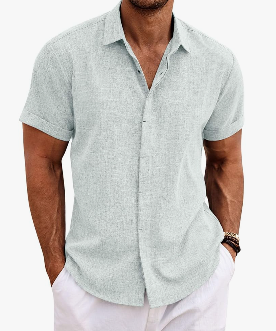 COOFANDY Men's Linen Shirts Short Sleeve Casual Shirts Button Down Shirt for Men Beach Summer Wedding Shirt, L