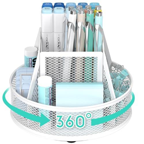 YINGHUA Metal Mesh Desk Organizer with 5 Compartments and Rotating Pencil Holder Pen and Stationery Organizer for Office Home School Anti Slip Base White