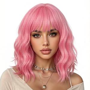 eNilecor Pink Wig for Women,Short Wavy Curly Bob Hair Wig with Bangs,14" Natural Synthetic Party Costume Cosplay Halloween Colored Colorful Color Wigs For Women
